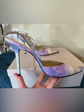 Jimmy Choo Iridescent Purple and Blue Rhinestone-Ankle Pointed Heels